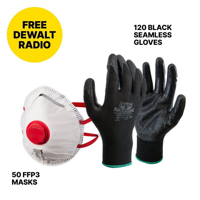 120 Black Seamless Gloves + 50 FFP3 Masks